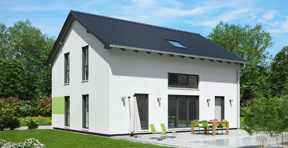 Fingerhut Einfamilienhaus  weiß verputzt Teilflächen in grün abgesetzt schwarzes Dach bodentiefe Fenster Terrasse mit Holzmöbel 