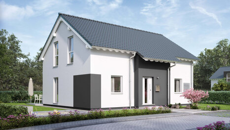 Fingerhut Einfamilienhaus weiß verputzt Teilflächen in anthrazit abgesetzt schwarzes Dach weiße Haustür 