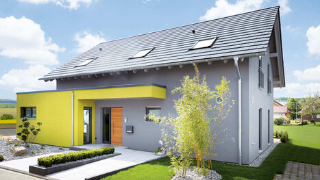Fingerhut Einfamilienhaus schwarzes Satteldach grau verputzt teilweise farblich abgesetzt Holzhaustüre 