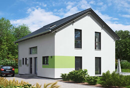 Fingerhut Einfamilienhaus  weiß verputzt Teilflächen in grün abgesetzt schwarzes Dach bodentiefe Fenster
