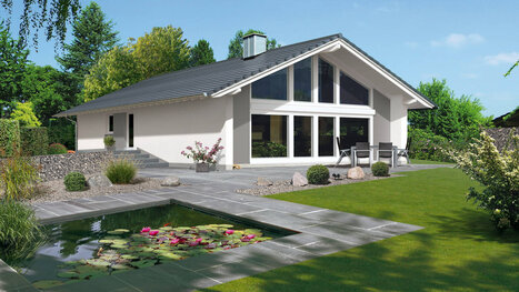Fingerhut Bungalow weiß verputzt mit schwarzem Dach grosser Glasfront Terrasse Gartenteich 