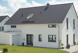 Fingerhut Einfamilienhaus weiß verputzt schwarzes Dach Garage 