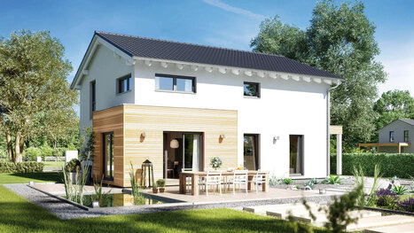 Fingerhut Einfamilienhaus schwarzes Dach weißer Putz Holzverschalung Terrasse Terassenmöbel Gartenteich 